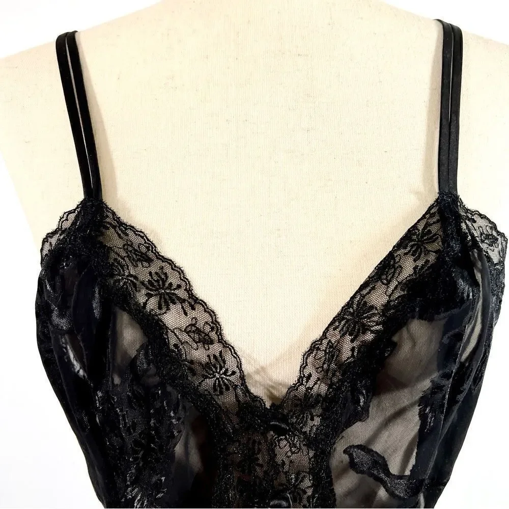 Vintage Victoria’s Secret Black Jacquard One Piece Bodysuit Negligee Great L
